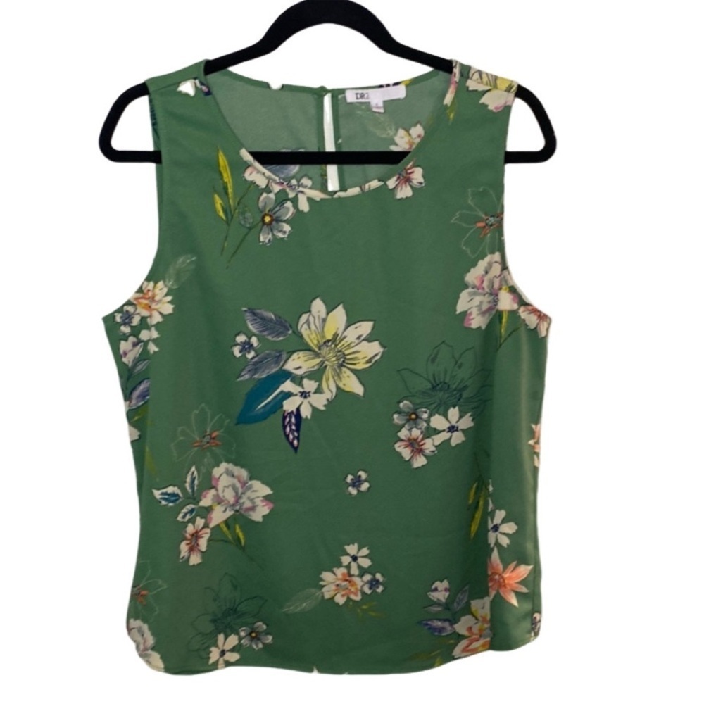 DR2 Green Floral Sleeveless Shell Tank Top. Size L. Button back neck closure.